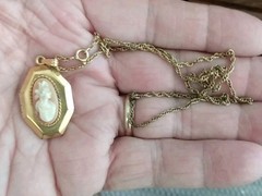 Antique 12 k gold filled Cameo Hexagon Shaped Double Picture Locket & Chain