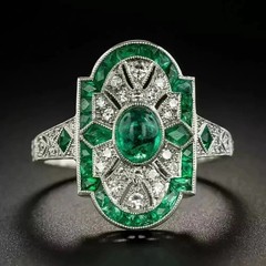Art Deco Style Oval Cut Emerald & Lab Created Diamond Engagement 925 Silver Ring