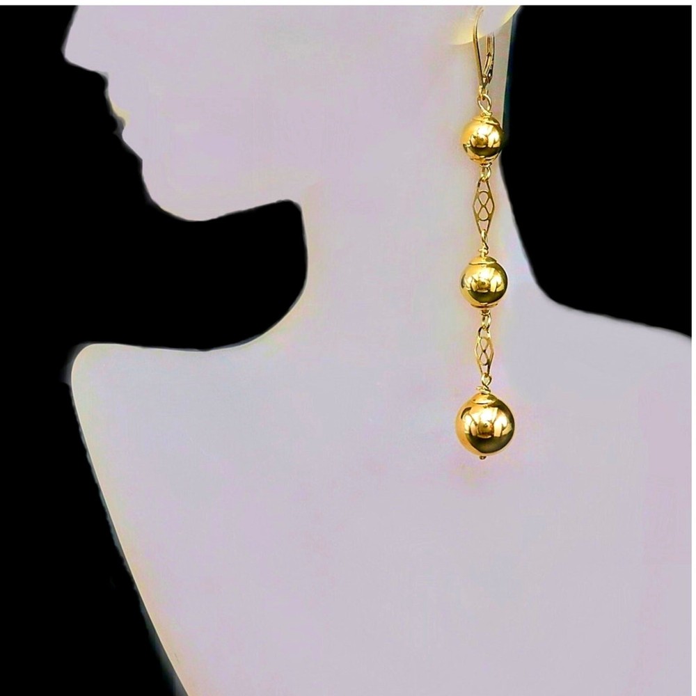 Vintage 3″ Gold Puffed Ball Drop Earrings | 1/20 14K Gold Filled | Handcrafted