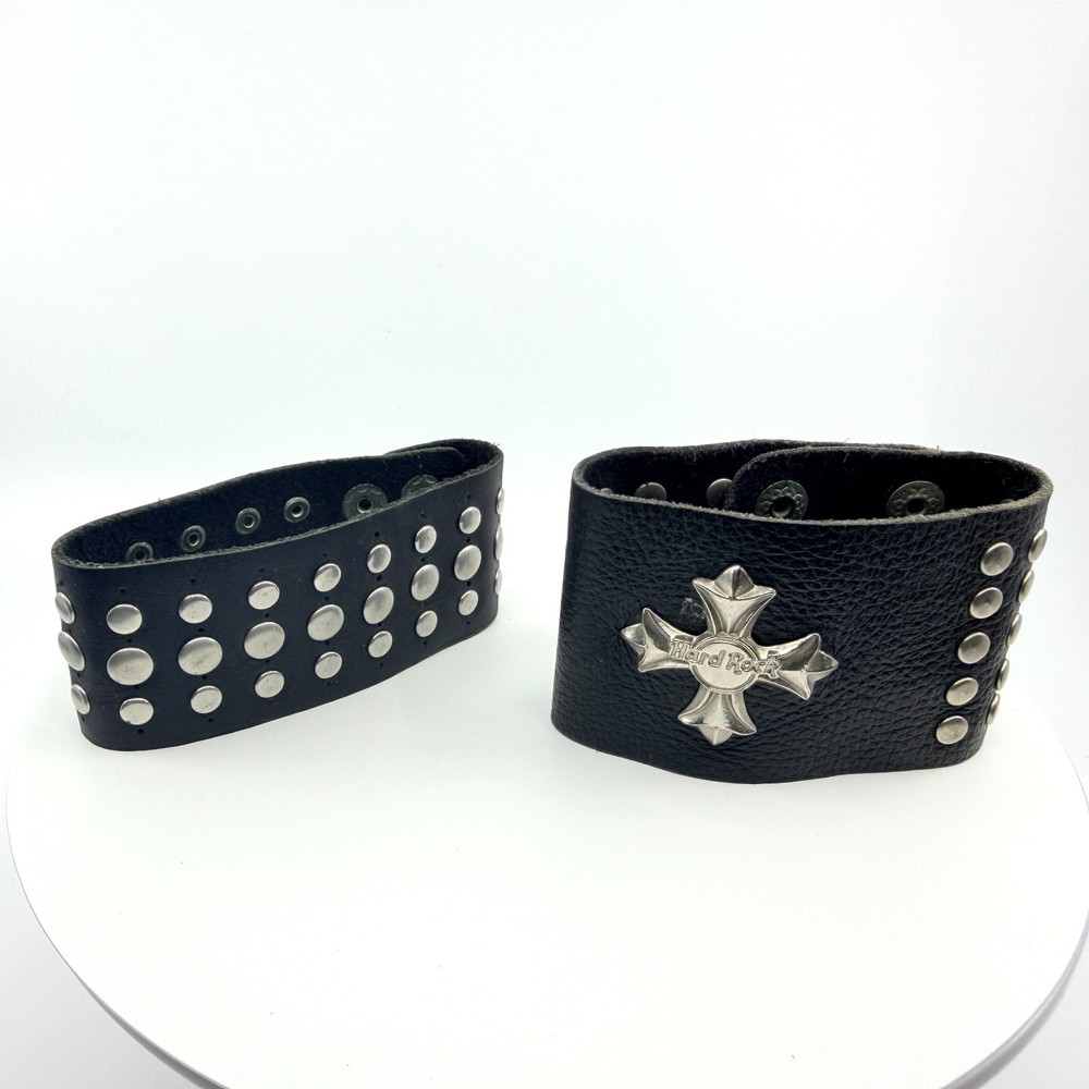 Bracelet Hard Rock Cafe Iron Cross Leather Cuff Black Silver Tone Biker Retro