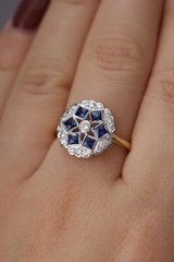 0.80Ct Art Deco Style Lab-Created Diamond & Sapphire Ring 14K Yellow Gold Finish