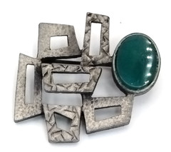 Vintage LG Lind Gal Modernist MCM Brooch Silver Tone Abstract Green Stone Pin