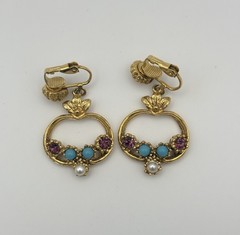 Victorian Revival Gold Tone Dangle Earrings with faux Pearl/Turquoise/Amethyst