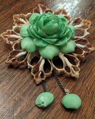 Handmade Seashell Brooch Pin Flower Design Dangling Shells Green 2.25″ Diameter