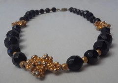 Share Vintage Black Bead with Gold Tones Nuggets Chocker Necklace 16 in