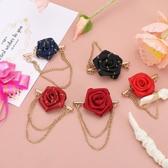 2 Pcs Rose Lapel Pin with Double Hanging Chain Brooch Suit Black with Gold Rim