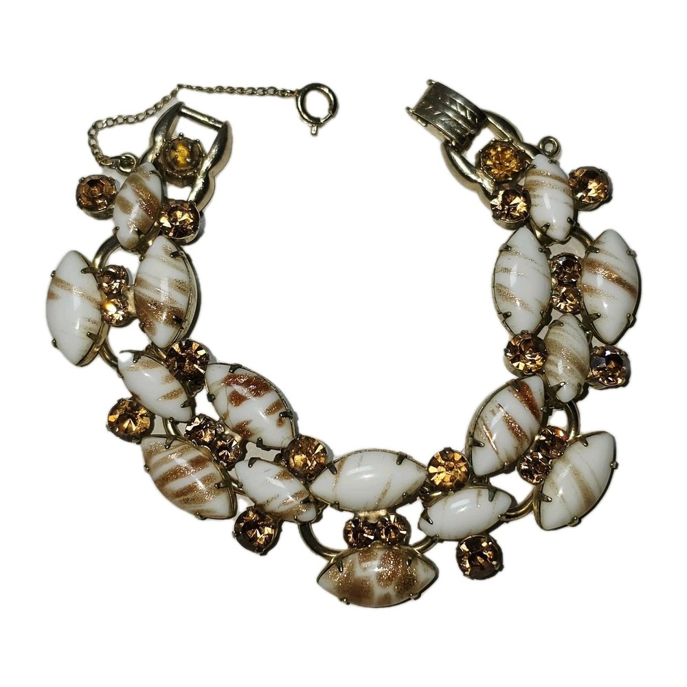 VINTAGE JULIANA (D&E) GOLD FLUSS AND WHITE RHINESTONE 5-LINK BRACELET