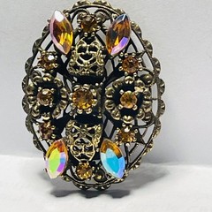 VINTAGE Gold Tone Filigree Amber Rhinestone Brooch AB Navette Statement