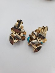Vintage Jewlery Brooch Earring Set Clip On Gold Blue Beads Women Accessory
