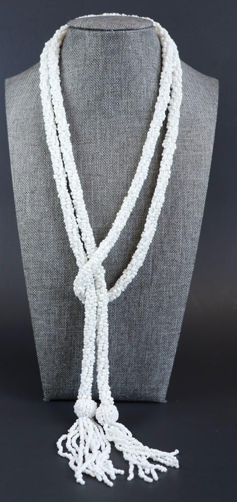Vintage Estate Art Deco White Seed Bead Flapper Lariat Rope Necklace Tassel 59”