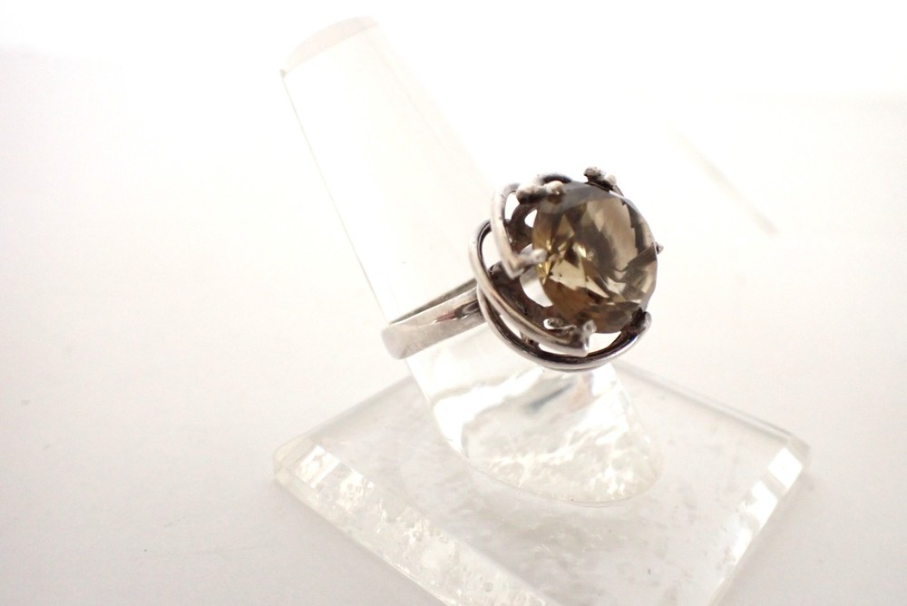Vintage Modernist Sterling Silver & Large Smoky Quartz Cocktail Ring Sz 7