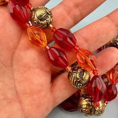 Vintage Lucite Bead Gypsy Necklace Faceted Red Orange Gold Tone Floral 46″ Boho