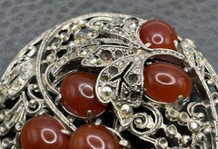 Vintage Art Deco Ornate Filigree Brooch Faux Carnelian Cabochon Silver Tone