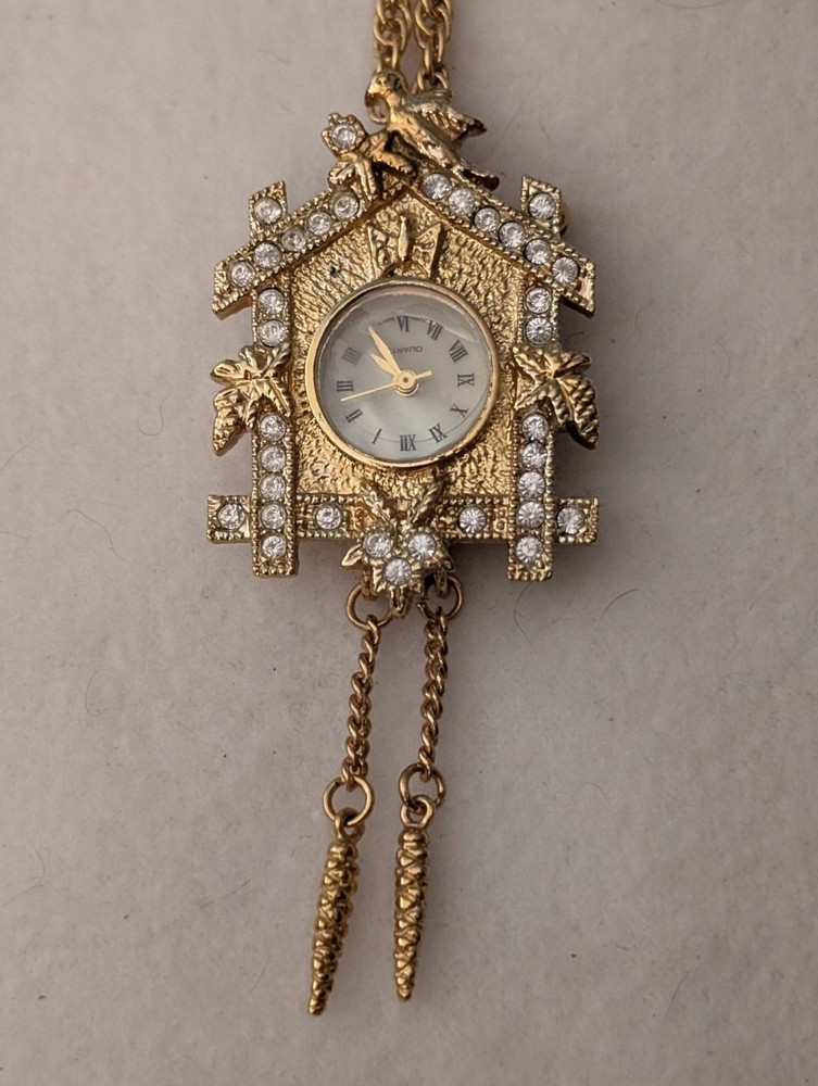 Vintage Lind 14KGE Rhinestone Cuckoo Clock Quartz Watch Brooch Pendant 24″ Chain