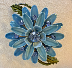 Vintage 1960s Blue Enamel Flower Brooch Rhinestone Mod Flower Power Pin – AS IS