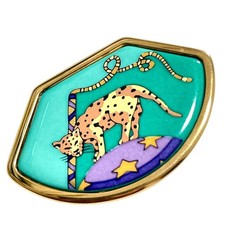 Vintage HERMÈS Cloisonné Enamel Fan-Shaped Brooch with Spotted Panther/Cheetah