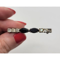 Vintage Art Deco Bar Brooch Pin Black Glass Navette Prong Set Rhinestone