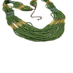 Green Yellow Beaded long Necklace Gold tone Layered 18 Row Scalloped Vtg 32 in