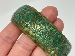 Boho Vintage Style Teal Green Embossed Brass Bangle Bracelet Mixed Set (3) Stack