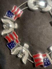 Vintage Silver Tone Patriotic Slide Bracelet American USA Flags And Eagles Exc!