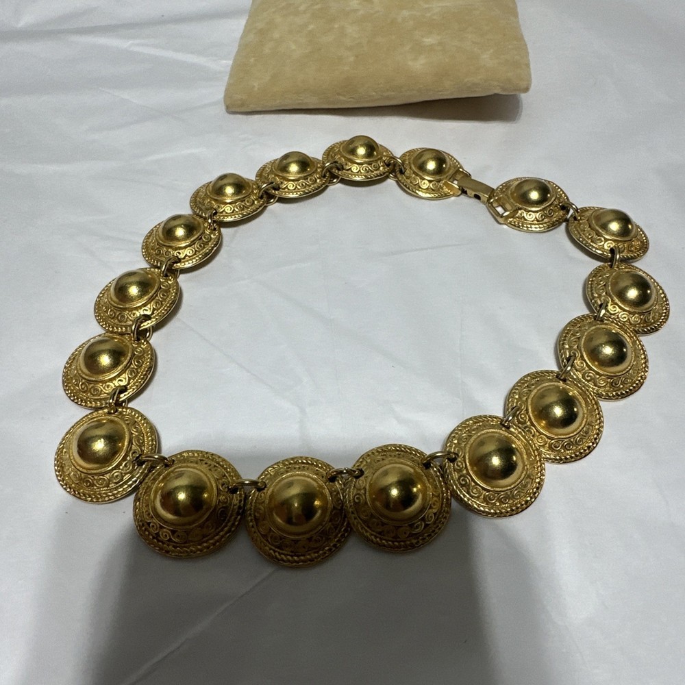 Vintage Erwin Pearl Collar Necklace Gold Tone Textured Dome Link Chunky Runway