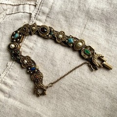 Vintage Goldette NY Victorian Revival Slide Charm Bracelet Safety Chain Signed