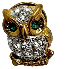 Gold-Tone Rhinestone Owl Lapel Pin Brooch With Green Eyes & Secure Clasp