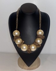 Vintage 80s Glam Chunky Runway Faux Pearl Gold Tone Mesh Snake Chain Necklace