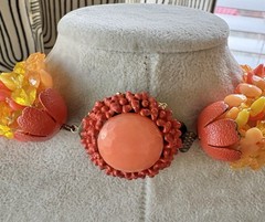 Vintage 1970s Multi-Strand Heart Bead Necklace + Clip-On Earrings Set Orange