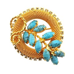 Hobe Rhinestone and Blue Art Glass Cabochon Gold Mesh Brooch Vintage