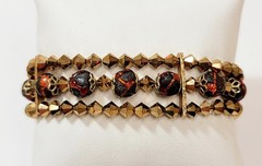 Vintage Hobe Bronze Glass Bead Black Orange Art Glass Goldtone Bracelet
