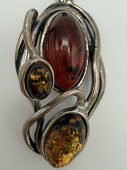 Vintage Polish 925 Sterling Silver Baltic Amber 3 Stone Modernist Pendant