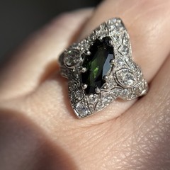 Art Deco Marquise Green Tourmaline Diamond Platinum Ring