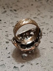 Vintage Coctail Ring Blue Cabachon Dome Dark Silver Tone Ornate Band Adjusts