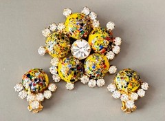 Vintage Verified JULIANA Millefiori Brooch & Earring Set, Yellow Harlequin Multi