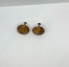 Vintage Butterscotch Bakelite Screw-Back Earrings Brown Marbling 1″ Round Domed