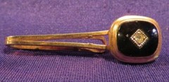 Vintage Goldtone & Black Enamel Tie Bar & Cufflinks Set w/ Faux (?) Diamonds