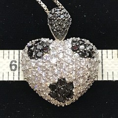 Vintage Signed LL 925 Sterling Onyx Clear Cubic Zirconia Pave Heart Necklace