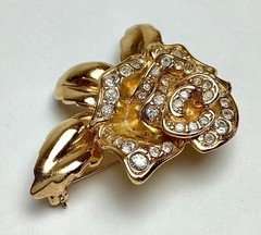 Vintage Gold-Tone & Clear Rhinestone Rose Floral Brooch 1.75″ x 1.5″ Inches
