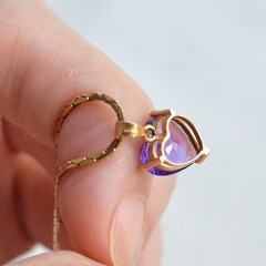 Vintage 14K Italian Solid Gold Amethyst Heart Necklace, Long 24.5″ Heirloom