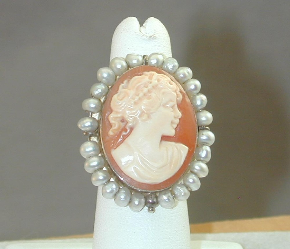 Vintage Sterling Hand Carved Baroque Pearl Cameo Ring Shell Signed Italy 5.25
