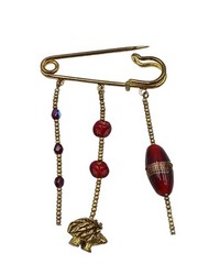 Cute Hedgehog Safety Pin Brooch Gold Tone Dangle Red Beads 3 1/4″ Vintage Fun
