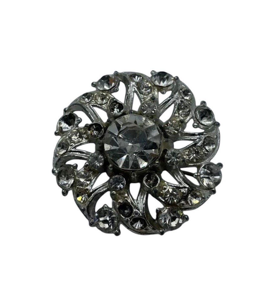 Vintage Rhinestone Floral Shape Silver Toned Brooch Pin Pendant 1.5″ L