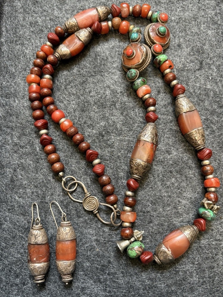Vintage Tibetan Nepal Beaded Stone Necklace Earrings 925 Sterling Beads Clasp