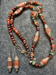 Vintage Tibetan Nepal Beaded Stone Necklace Earrings 925 Sterling Beads Clasp