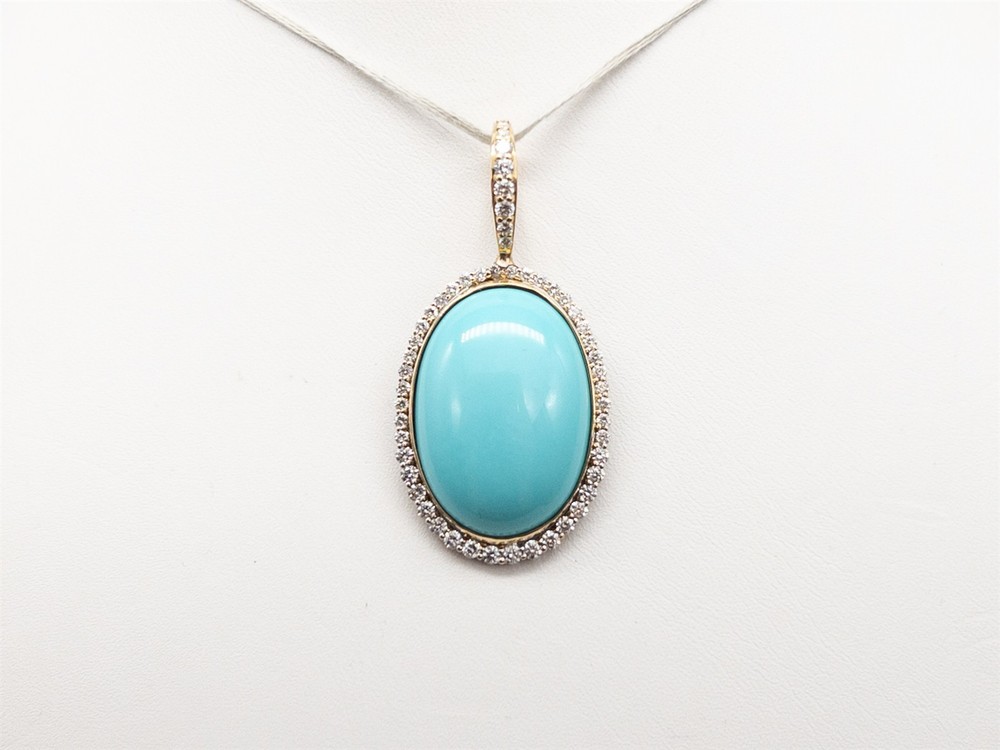 MALAKAN $7000 15ct Turquoise VS G Diamond 18k 19k Yellow Gold HALO Pendant 10g