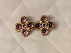 Vintage Purple Glass Round & Oval Cabochons Gold Toned Pierced Post Earrings