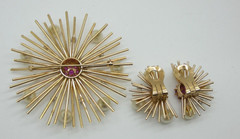 Mid Century Solid Gold Starburst Brooch & Earring Set w/ Pearls Diamonds Rb