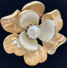 Francois Coro Gold Tone Enamel Faux Pearl Flower Brooch Pin Vintage Signed