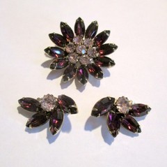 Amethyst Looking Brooch and Earring Set ~ Brooch w/Pin and Clip Earrings
